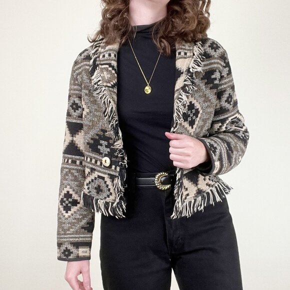 Vintage Cropped Fringe Coastal Cowgirl Oversized Blazer Jacket Coat Boho Western - Picture 1 of 8